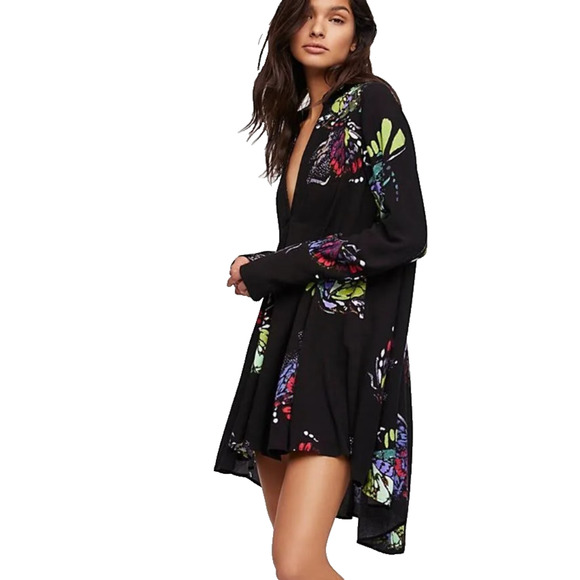 Free People Black Field Of Butterflies Boho Whimsigoth Dark Fairy Mini Dress MED - Picture 1 of 15